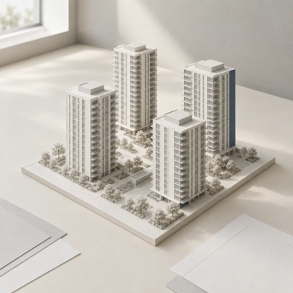 桌面上的白色住宅建筑模型，象征地产行业